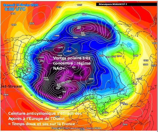 Skiinfo Synoptique du samedi 15 février 2020 : carte pressions à 500hpa